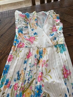 SHEIN White Floral Pleated Dress with Pink, Blue & Yellow Flowers